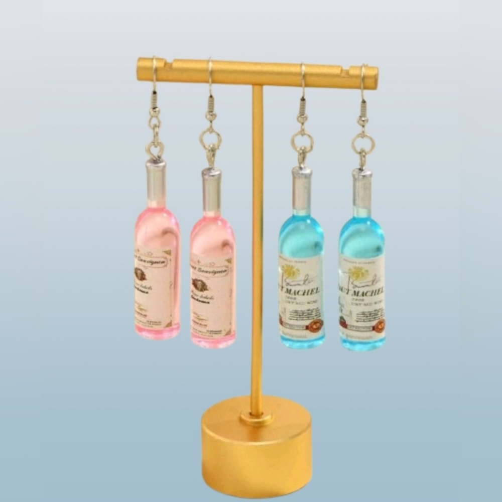 Wine Bottle Dangle Earrings.‎ 2 Pack Pink and Blue with Silver hooks